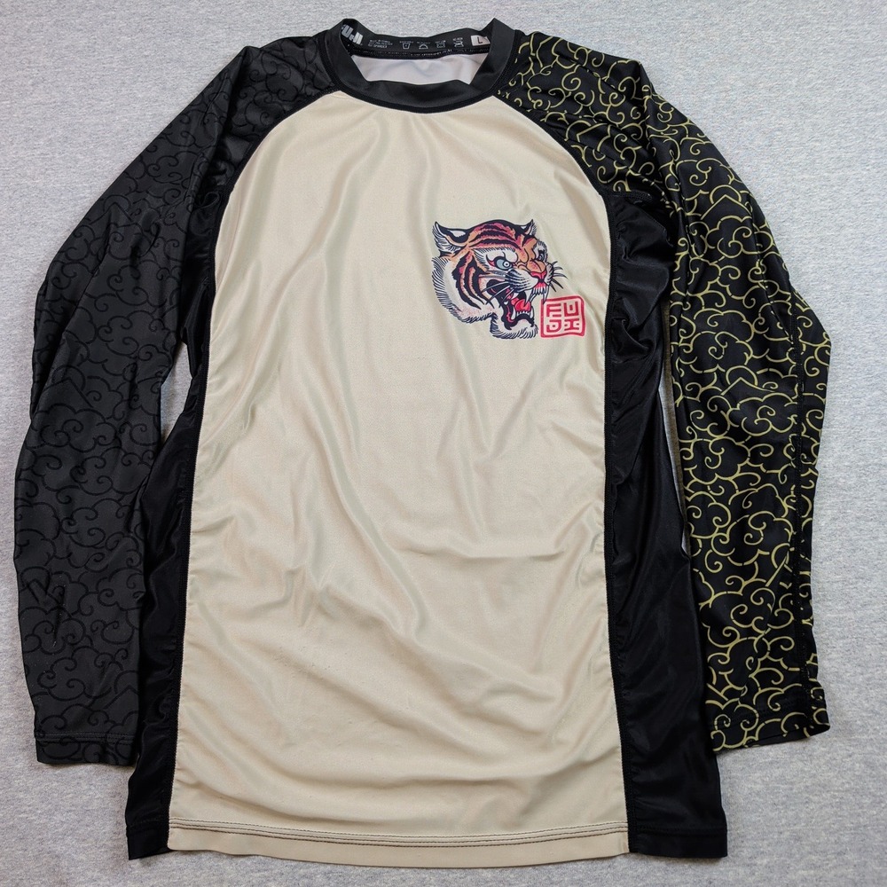 Fuji Sports Tiger Rash Guard Mens Large Long Sleeve BJJ MMA Grappling Black